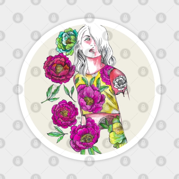 Woman With White Hair - Fashion Illustration with Pink Flowers. Magnet by FanitsaArt